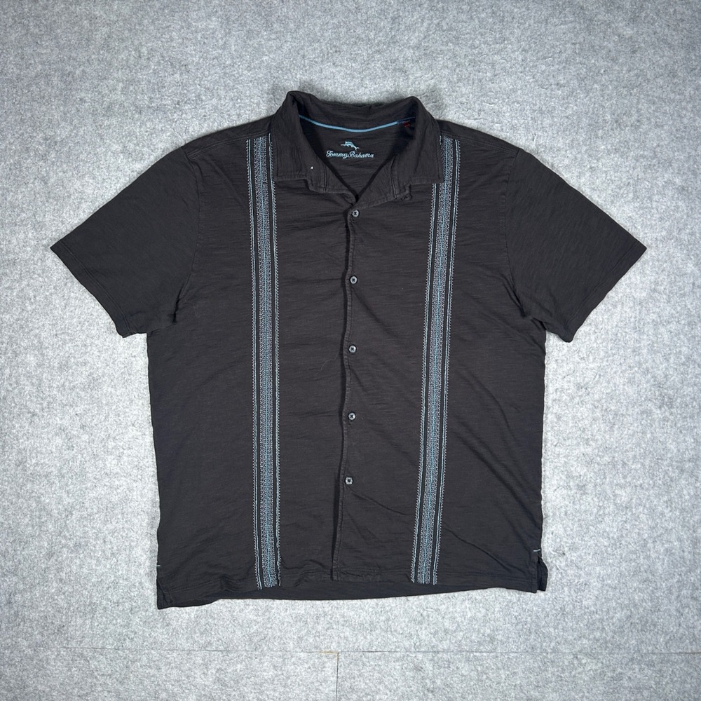 Tommy Bahama Shirt Mens Large Black Embroidered Pima Cotton Camp Guayabera